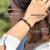 Bracciale "3 Protezioni" in Occhio di Tigre, Ematite & Obsidiana Nera