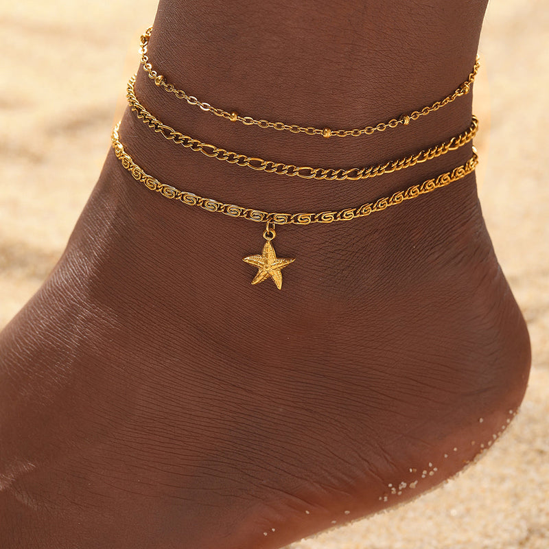 Set di cavigliera con charm a forma di stella marina da 3 pezzi