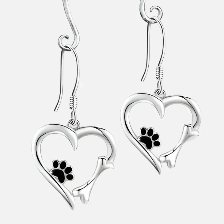 Orecchini a Goccia in Argento con Design a Cuore e Zampa