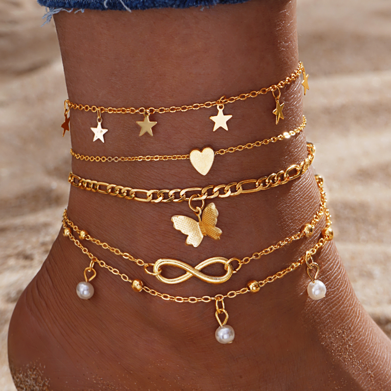 Set di cavigliere con charm in oro da 6 pezzi