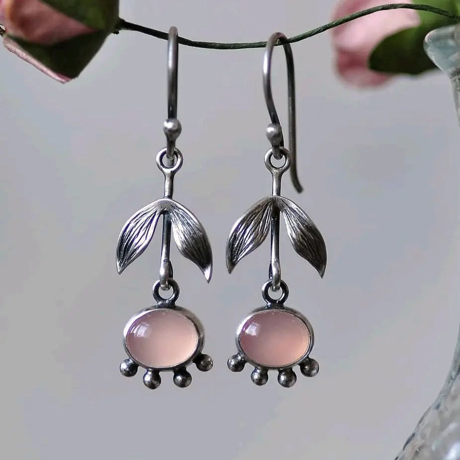 Orecchini a Goccia in Quarzo Rosa Foglia Argento