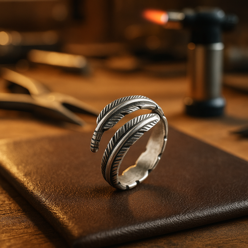 Anello Memoriale Regolabile con Piuma di Un Angelo