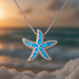 Collana Argentata con Stella di Mare Blu Brillante e Opale