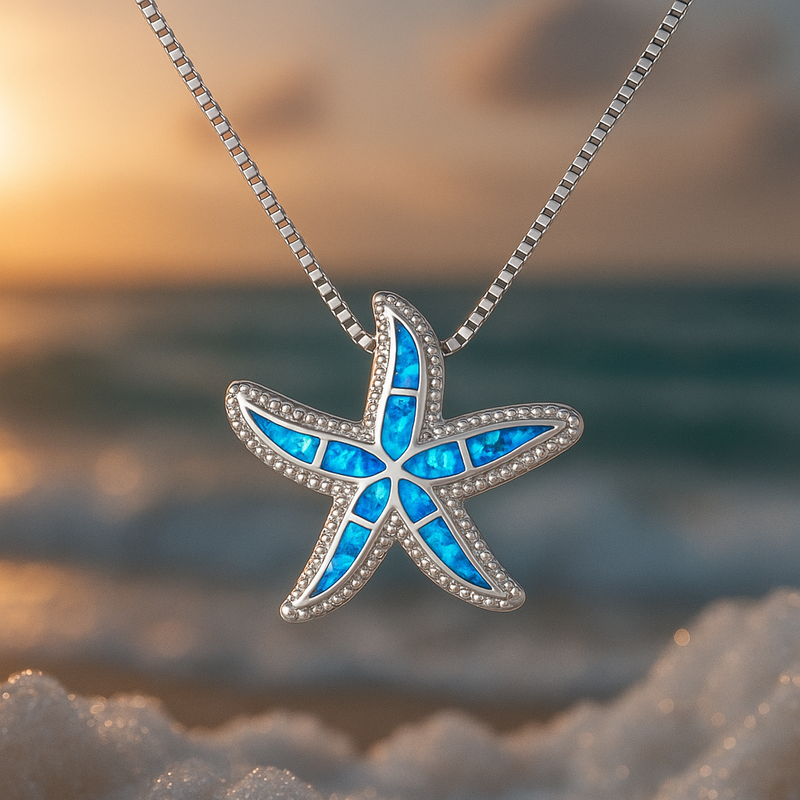 Collana Argentata con Stella di Mare Blu Brillante e Opale