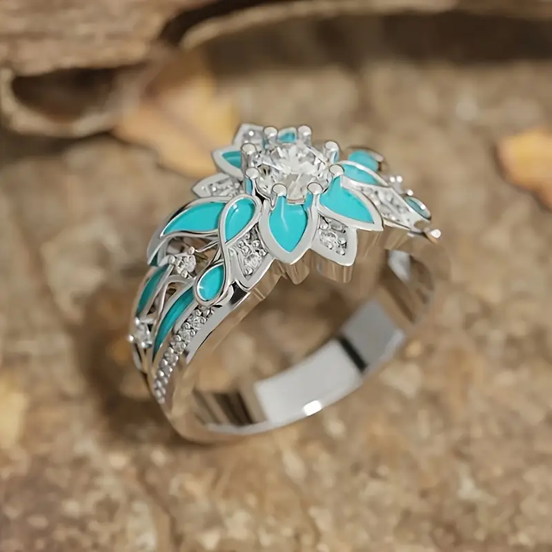 Anello Elegante in Cristallo Turchese a Fiore